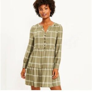 LOFT Women’s Olive Plaid Tiered Shirt Dress XS